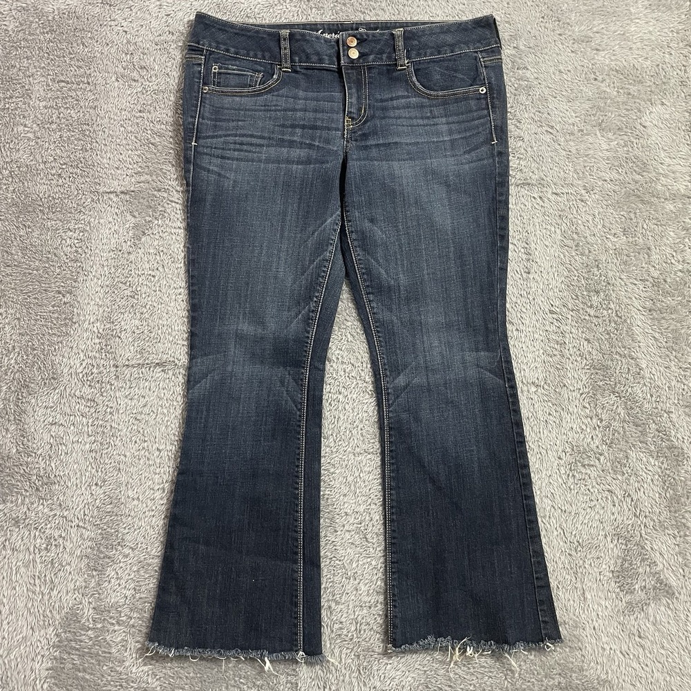 American Eagle Jeans Womens Size 14 Artist Flare Dark Wash‎ Denim Raw Hem Blue